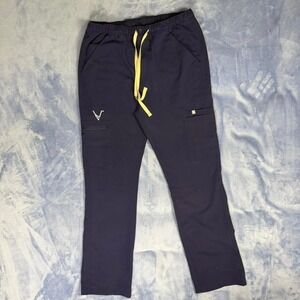 Navy blue Figs scrub pants with yellow drawstring and pockets. Women Size M